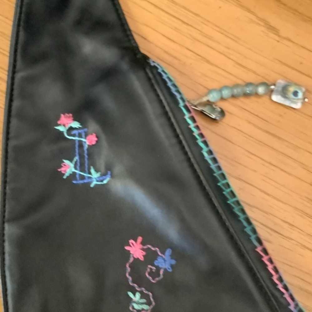 Sash Crossbody Travel Purse. Black Vegan Leather with Embroidery - Picture 2 of 8